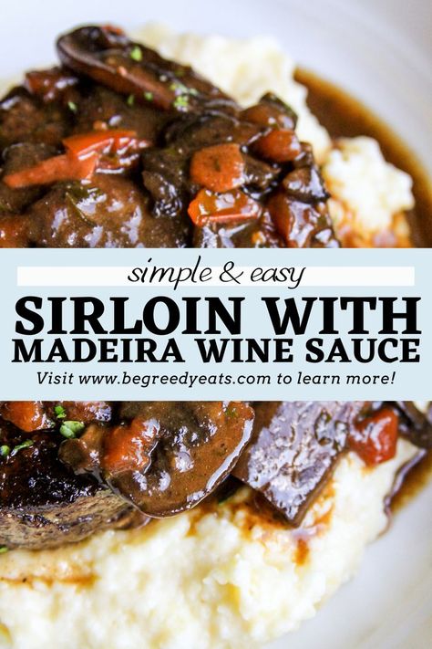 A restaurant-quality meal made at home! This Easy Sirloin in Madeira Wine Sauce is super simple to make and filled with flavor! Perfectly seasoned steaks seared to perfection and topped with a Madeira, mushroom, and tomato sauce! You won't be disappointed! Madeira Wine Recipes, Madeira Mushroom Sauce, Madeira Wine Sauce, Madeira Sauce Recipe, Madeira Recipes, Wine Sauce For Steak, Baked Broccoli Recipe, Chicken Madeira, Madeira Sauce