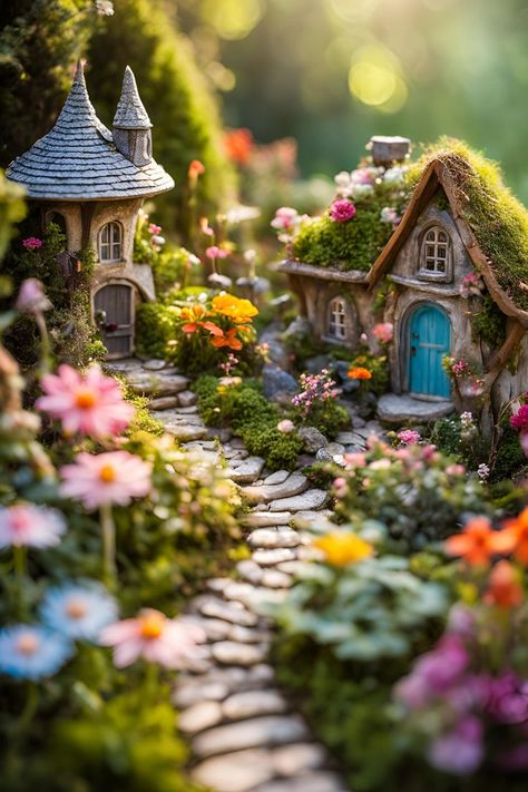 Magical Mini Fairy Garden with stone pathway, tiny cottages, colorful flowers, moss accents, and fairy garden designs featuring whimsical architecture and miniature fairy elements Backyard Fairy Garden, Enchanting Backyard, Large Fairy Garden, Fairy Garden Ideas, Whimsical Cottage, Fairy Tree Houses, Fairy Garden Designs, Mini Fairy Garden, Fairy Tree