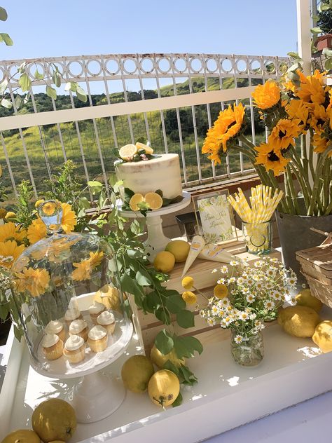 Lemon Graduation Party, Yellow And White Party Theme, Lemon Themed Party Decorations, Green And Yellow Decorations Party, Yellow Bday Theme, Yellow Themed Baby Shower Ideas, Green And Yellow Baby Shower Ideas, Baby Shower Lemon Theme, Yellow Party Aesthetic