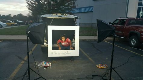 Super fun Trunk or Treat idea - its a photo booth! Styrofoam cut into a Polaroid frame, black fabric, some light boxes, and photo booth props. Photo Booth Trunk Or Treat, Trunk Or Treat Photo Booth Ideas, Trunk Or Treat Photo Booth, Church Trunk, Photobooth Ideas, Halloween Photo Booth, Light Boxes, Halloween Photo, Polaroid Frame