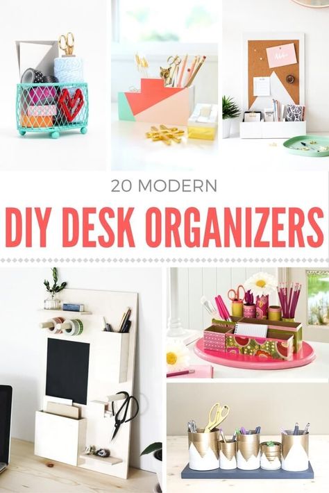 Are you looking to get your place organized on a budget? Try one of these 20 cute ideas for a DIY desk organizer! Personalize them any way you like for office, for home, for craft room . .  great for a student or a teacher, too. Desk Organisation Student, Diy Bureau, Diy Desk Organizer, Office Desk Organization, Diy Office Organization, Desk Redo, Desk Diy, Diy Organizer, Desk Organization Diy