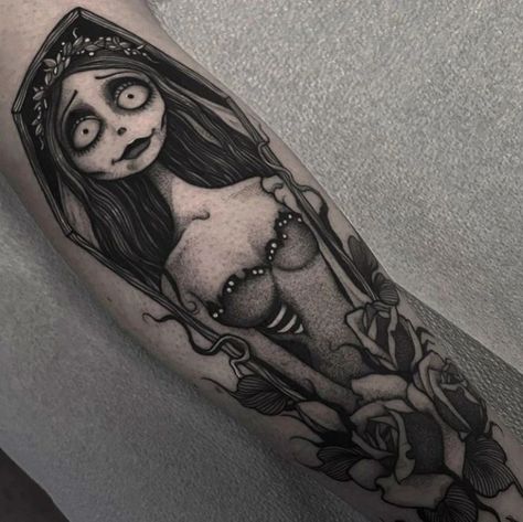 @timburtonalways on Instagram: “Hey guys! Look at these amazing artwork by @steph.guillotine 🖤” Corpse Bride Portrait Tattoo, Dark Portfolio, Corpse Bride Tattoo, Bride Tattoo, Dead Bride, Grunge Tattoo, Movie Tattoo, Brides With Tattoos, Bride Portrait