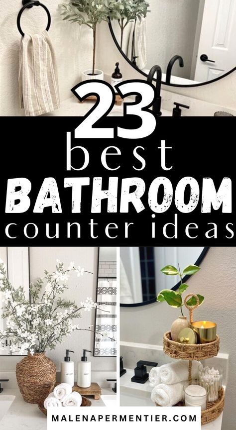 bathroom counter decor ideas - bathroom vanity decor Rustic Bathroom Decorating Ideas, Half Bathroom Sink Decor, Bathroom Small Counter Decor, Restroom Vanity Decor Ideas, Staging Bathroom Counter, Vanity Set Up Ideas Bathroom, How To Decorate Small Bathroom Counter, Trays For Bathroom Counter, Styling Bathroom Counter Master Bath