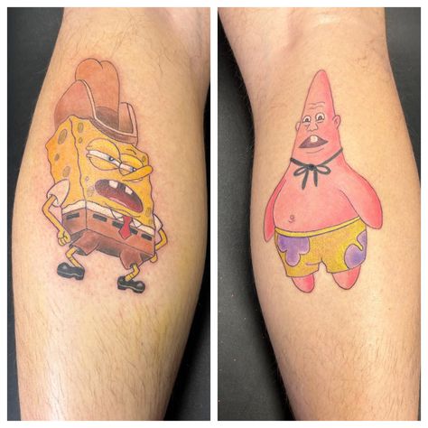 Brother Sister Tattoo Cartoon, Spongebob Friendship Tattoo, Spongebob Couple Tattoo, Spongebob And Patrick Tattoo Matching, Spongebob Best Friend Tattoos, Matching Shrek Tattoos, Matching Tattoos Spongebob, Spongebob And Patrick Tattoos, Spongebob And Patrick Matching Tattoos