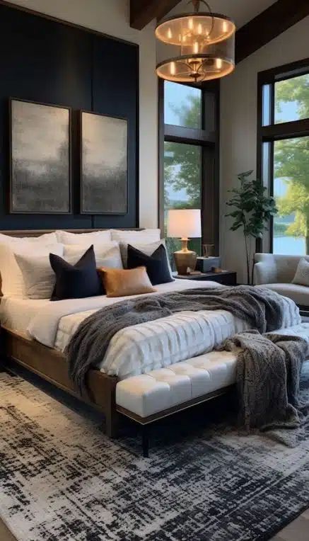 Master bedroom with bed with layered fabrics throw pillows bedding Bold Bedroom, Christmas Homemade, Christmas Homescreen, Design Room, Bedroom Designs, Room Decorations, Master Bedrooms Decor, Remodel Bedroom, Home Interiors