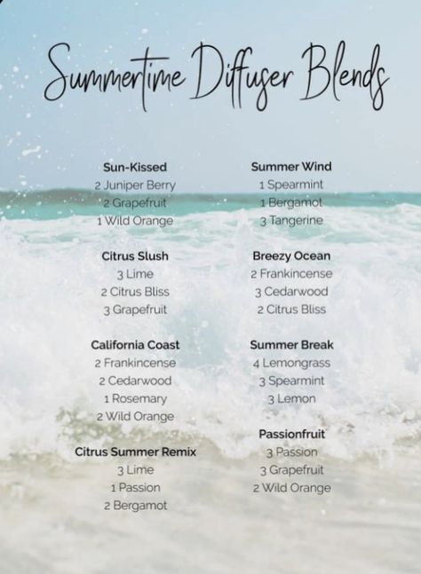 Summer Diffuser Blends, Summer Essential Oils, Doterra Diffuser Blends, Essential Oil Combinations, Doterra Essential Oils Recipes, Essential Oil Diffuser Blends Recipes, Young Living Essential Oils Recipes, Essential Oil Diffuser Recipes, Oil Diffuser Recipes