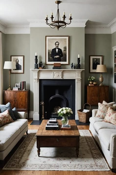 Furniture On Either Side Of Fireplace, Portrait Above Fireplace, Chelsea House Interior, Modern Edwardian Living Room, Victorian Homes Living Room, Cottage Modern Living Room, Vintage Modern Interior Design, Painted Built Ins Fireplace, Victorian Farmhouse Living Room