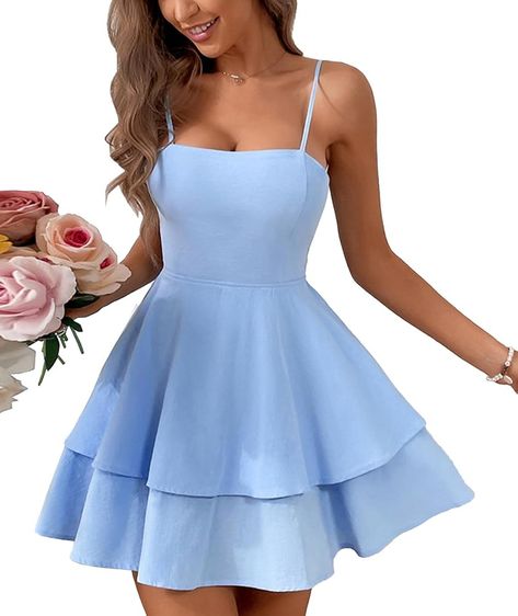 Amazon.com: SEMATOMALA Women's Tie Back Spaghetti Strap Skater Mini Dress Tiered Ruffle Fit and Flared A Line Sexy Cute Short Party Dress LB-XS Blue : Clothing, Shoes & Jewelry Grade 8 Grad Dresses Short, 6th Grade Dance Dresses, Light Blue Dress Short, Grade 8 Grad Dresses, Skater Dress Outfit, Short Flare Dress, Blue Flowy Dress, Grad Dresses Short, Pleated Party Dress