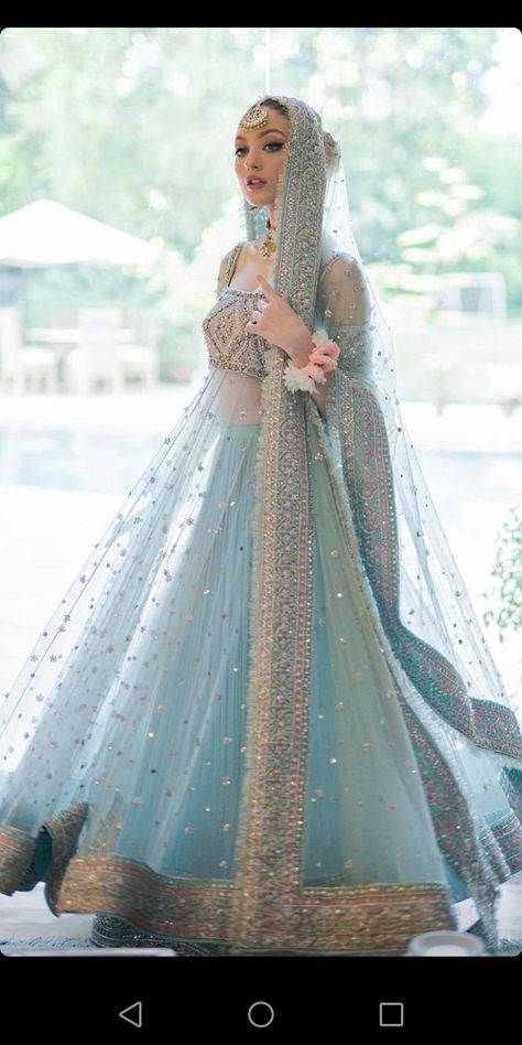 Sky Blue Bridal Dress Pakistani, Blue Nikah Dress, Pakistani Engagement Dresses Simple, Blue Nikkah Dress, Nikkah Board, Sky Blue Gown, Bridal Dresses 2022, Bride Aesthetic, Gharara Designs