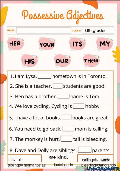 Possessive Adjectives For Kids, Possessive Couple, Possessive Adjectives Worksheets, Possessive Pronouns Worksheet, English Language Learning Activities, Adjectives Worksheet, Adjectives Activities, Possessive Nouns, Possessive Adjectives