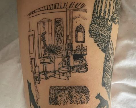 Coffee Shop Tattoo, Tattoo Interior Design, Gallery Wall Tattoo, Getting A Tattoo Aesthetic, Interior Design Tattoo, Art History Tattoo, Furniture Tattoo, Room Tattoo, Whimsical Tattoo