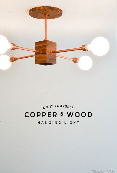 DIY Wood and Copper Hanging Light vintagerevivals Copper Hanging Lights, Luminaria Diy, Do It Yourself Nails, Copper Pipe Fittings, Diy Copper, Lampe Diy, Copper Wood, Diy Lampe, Copper Diy