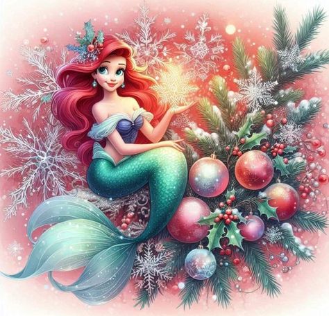 Ariel Artwork, Romantic Disney, Disney Merry Christmas, Wilma Flintstone, Christmas Tree Embroidery, Disney Character Art, Mermaid Artwork, Mermaid Christmas, Creativity Ideas