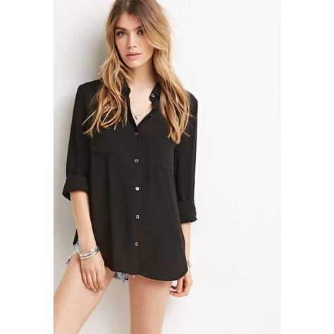 Forever 21 Classic Collared Shirt ($16) ❤ liked on Polyvore Half Untucked Shirt Style, Dress Shirt Half Tucked In, Half Tucked Button Down, Open Shirt Outfit, Tucked In Shirt Outfit, Half Tucked Shirt, Long Shirt Outfits, How To Wear Shirt, Open Shirt