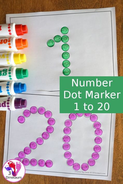 Free Number Dot Marker Printable: 1 to 20 - easy to use printable for kids that like to use dot markers or hands-on items - 3Dinosaurs.com #freeprintable #numbersforkids #dotmarker Dot Numbers Free Printables, Dot Marker Printables, 20 Number, 3 Dinosaurs, Toddler Education, Do A Dot, Number Activities, Numbers Preschool, Dot Markers