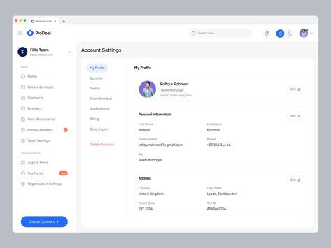 ProDeel - Account Settings/Profile Page designed by Rafiqur Rahman for Filllo Design Agency. Connect with them on Dribbble; the global community for designers and creative professionals. Website Account Page, Profile Page Design Website, User Profile Web Design, Social Media Profile Design, Web Design Profile, User Dashboard Ui Design, Profile Page Web Design, Profile Ux Design, Dashboard Ui Design Web Application