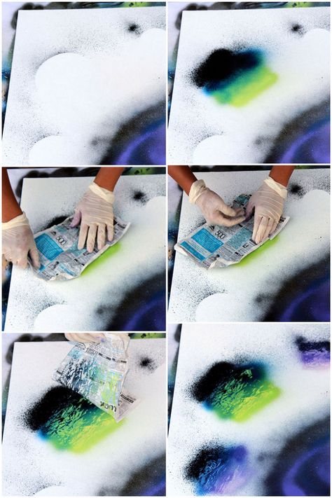 Hometalk | How To Do Spray Paint Galaxy Art Diy Spray Paint Art, Spray Paint Galaxy, Galaxy Spray Paint, Paint Galaxy, Spray Paint Techniques, Spray Paint Wall, Spray Paint Artwork, Art Galaxie, Space Scene