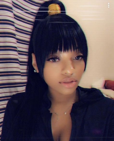 Ponytail With Fringe Bangs, Ponytail With Fringe, Fringe Bangs Black Women, Weave Ponytails With Bangs, Bangs Black Women, Chinese Bangs, Cutest Hairstyles, Weave Bob Hairstyles, Hot Hairstyles