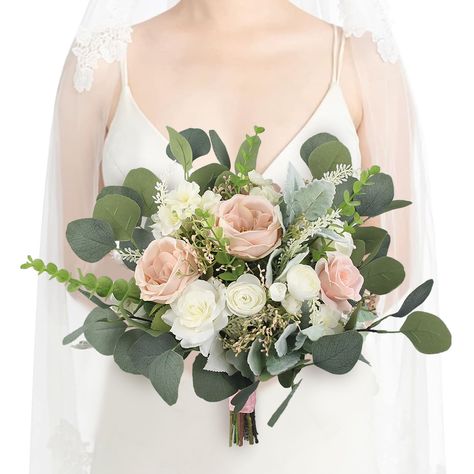 PRICES MAY VARY. Timeless Elegance: The Rinlong Wedding Bouquets for Bride in Blush Pink & White exude timeless elegance, featuring a stunning combination of blush pink Austin roses and cream white roses. Romantic Florals: The bouquet includes romantic blush pink Austin roses, known for their delicate and romantic appearance, creating a bridal ensemble that speaks of love and beauty. Harmonious Color Palette: The blush pink and white color palette creates a harmonious and sophisticated compositi White Champagne Bouquet, Blush Pink Bouquet, Blush Pink And Sage Green Bridal Bouquet, White Blush And Green Bridal Bouquet, Bridal Bouquet Eucalyptus Blush Pink, Light Pink White And Green Bouquet, White And Pink Cascading Bridal Bouquet, Green Wedding Bouquet, Silk Bouquet