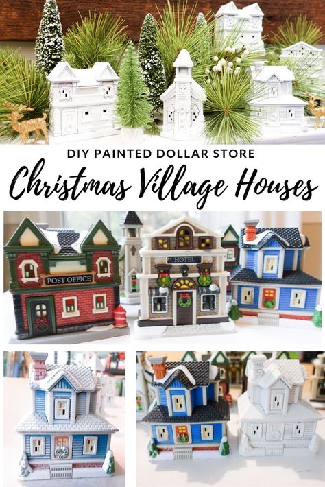 DIY Dollar Store Christmas Village.  The holidays are right around the corner and while we love decking the halls, we don’t like spending a lot to do so.  These budget-friendly decorations will have your holiday mantle on point without breaking the bank. Dollar Store Christmas Village, Diy Christmas Village Houses, Mantle Christmas, Village Tree, Village Ideas, Dollar Tree Christmas Decor, Tree Display, Diy Christmas Village, Christmas Village Houses