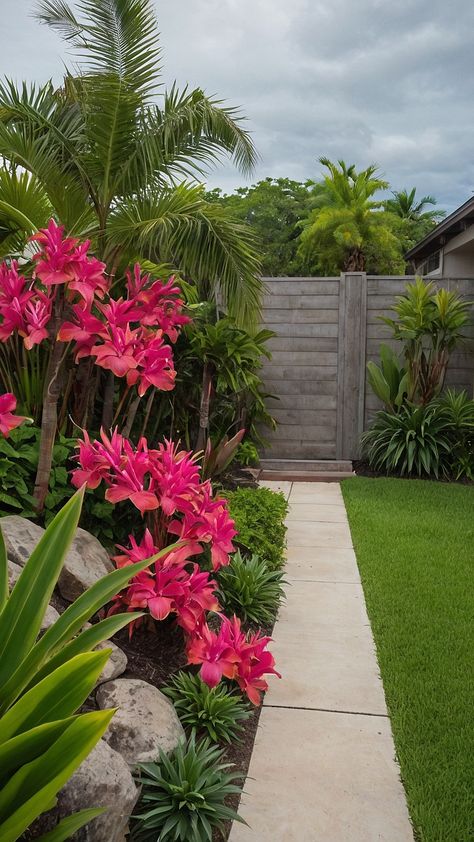 Long Yard Landscaping Ideas, Tropical Flowering Trees, Hawaiian Backyard, Florida Patio, Florida Plants Landscaping, Tropical Landscaping Ideas, Hawaiian Landscape, Balinese Garden, Tropical Landscape Design