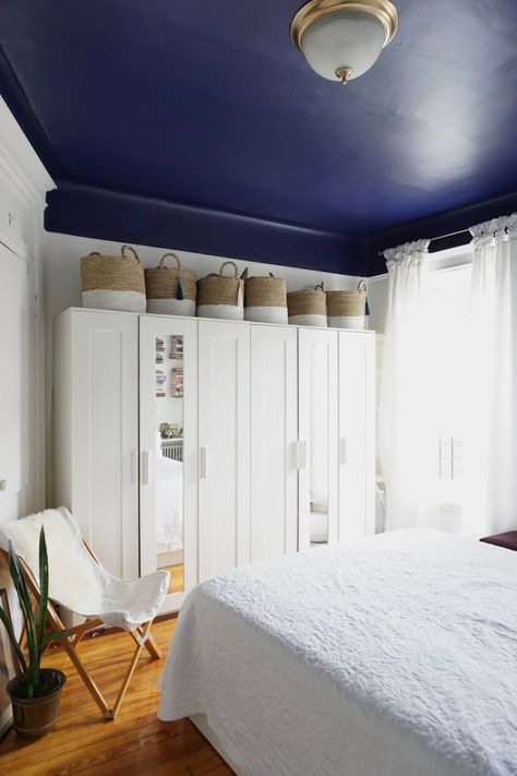 Two Toned Navy and White Walls; paintwithlowes @lowes #ad 2 Tone Wall Paint Ideas, Wall Paint Ideas Bedroom, Ikea Brimnes Wardrobe, Paint Ideas Bedroom, Brimnes Wardrobe, Ikea Brimnes, Wall Paint Ideas, Two Tone Walls, Ikea Wardrobe