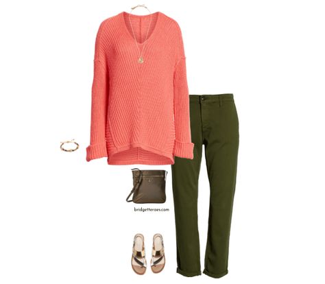 Styling Outfits Using Living Coral - Bridgette Raes Style Expert Coral Sweater Outfit, Dark Green Outfit, Army Green Outfit, Preppy Pants, Coral Outfit, Coral Jeans, Styling Outfits, Coral Sweater, Grey Jumpsuit