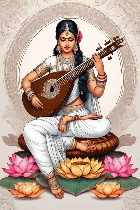 Saraswati Mata Drawing, Kulasai Mutharamman, Mata Saraswati, Easy Hand Drawings, Saraswati Mata, Drawing Grid, Maa Saraswati, Easy Abstract Art, Pichwai Painting