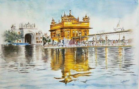 Shri Harmandar Sahib  Golden Temple Golden Temple Painting, Places Painting, Golden Temple Wallpaper, Watercolor Indian, Temple Drawing, Guru Nanak Wallpaper, Golden Temple Amritsar, Masterpieces Painting, Boho Art Drawings