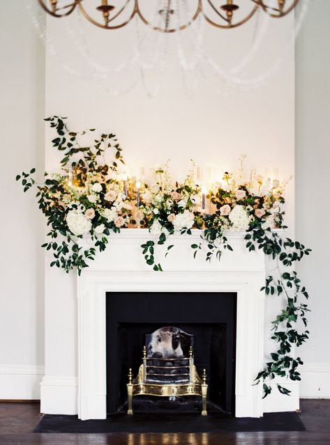 Mantel Floral Arrangements, Wedding Fireplace Decorations, Mantel Flowers, Wedding Mantle, Wedding Fireplace, Wedding Venues North Carolina, Wedding Floral Centerpieces, Intimate Wedding Ceremony, Floral Arrangements Wedding