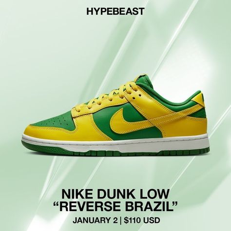 HYPEBEAST on Instagram: "@hypebeastkicks: Following an early glimpse of the @nike Dunk Low “Reverse Brazil,” we now have an official look at the pair.⁠ ⁠ Aptly named, this iteration takes the classic “Brazil” colorway from 2001 and flips it around. Contrary to the original, the sneaker has been outfitted in an “Apple Green” base, featuring eye-catching “Yellow Strike” overlays that hit the mudguards, lacing systems, heel counters, and medial Swooshes. Embroidered Nike lettering is then seen on t Nike Lettering, Nike Dunk Low, Apple Green, Dunk Low, Nike Dunk, Nike Dunks, Brazil, Nike, Sneakers