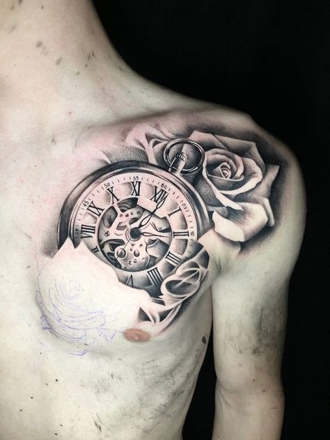 Tattoo black and grey shoulder chest rose clock Clock Tattoo Design For Men Chest, Medium Chest Tattoo Men, Clock Chest Tattoo For Men, Clock Tattoo Design For Men Shoulder, Rose Tattoo Men Chest, Left Chest Tattoo Men, Rose Chest Tattoo Men, Chest And Shoulder Tattoo For Men, Shoulder To Chest Tattoo For Men