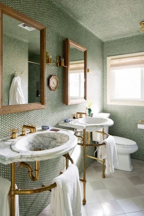 bathroom with brass and marble fixtures and a wall of moss green penny tiles Penny Tiles Bathroom, Bathroom 2024, Vanities Bathroom, Hawaii Vintage, Penny Tile, Tile Countertops, Emily Henderson, Garage Apartment, Trendy Bathroom