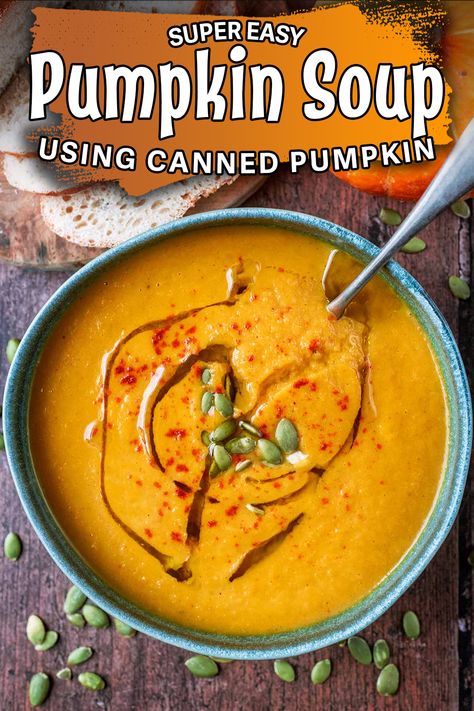 A bowl of pumpkin soup with a text title overlay. Savory Pumpkin Soup, Pumpkin Soup With Coconut Milk, Vegan Pumpkin Soup Recipe, Pumpkin Carrot Soup, Roasted Pumpkin Soup Recipe, Creamy Pumpkin Soup Recipe, Pumpkin Soup Recipe Easy, Fresh Pumpkin Recipes, Paleo Soup Recipe