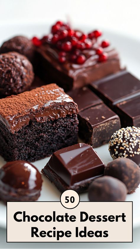 A close-up of a decadent chocolate dessert assortment, including a rich chocolate cake slice, truffles, and brownies, beautifully arranged on a white plate. Unsweetened Chocolate Recipes, Desserts With Dark Chocolate, Desserts With Chocolate, Decadent Brownies, Chocolate Desserts Fancy, Dark Chocolate Desserts, Cottagecore Recipes, Craving Chocolate, Baking Skills