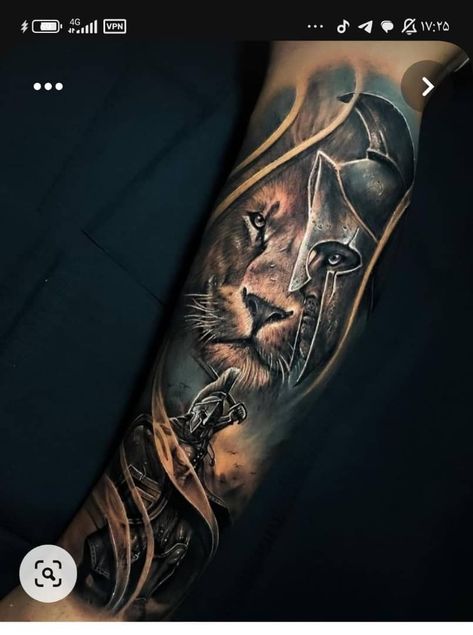 Half Lion Half Warrior Tattoo, Half Lion Half Spartan Tattoo, Best Lion Tattoos Men Leg, Lion Worrier Tattoo, Best Lion Tattoos Men Arm, Spartan With Lion Tattoo, Spartan Warrior Lion Tattoo, Spartan And Wolf Tattoo, Lion And Spartan Tattoo