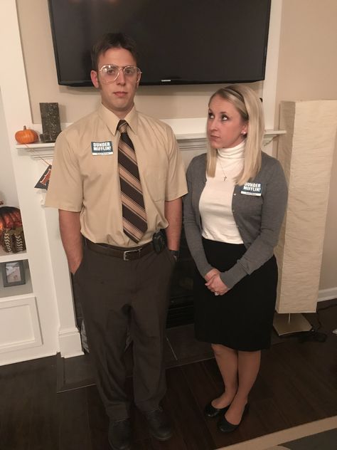 Halloween costumes from the office. Couple Costumes. Angela Martin and Dwight Schrute Angela From The Office Costume, Dwight Schrute Halloween Costume, The Office Family Costume, Angela And Dwight Costume, Angela The Office Costume, Dwight And Angela Couple Costume, Dwight Halloween Costume, Baby Grinch Costume, Dwight Schrute Costume