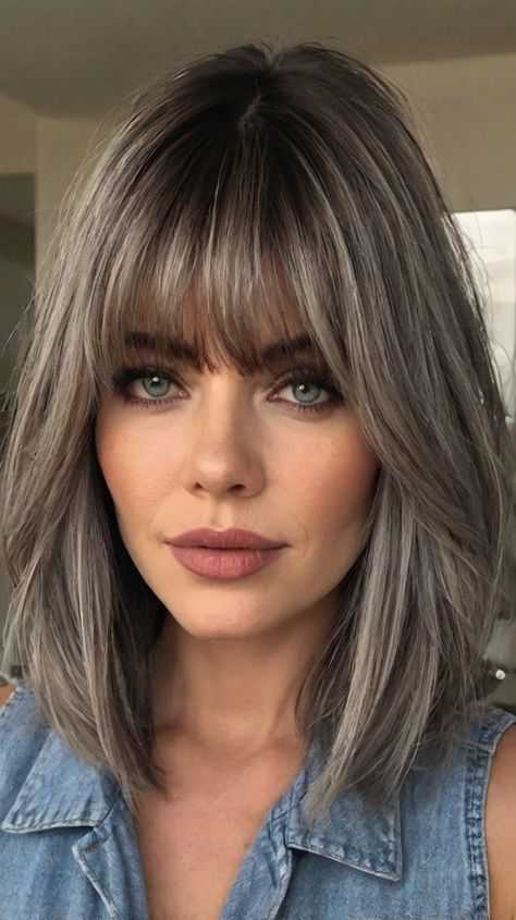 medium length gray hairstyles with bangs Curtain Bangs With Highlights, Bangs With Highlights, Gray Hairstyles With Bangs, Bob With Curtain Bangs, Bangs Medium Length, Medium Length Hairdos, Grey Hairstyles, Gray Hairstyles, Framing Highlights