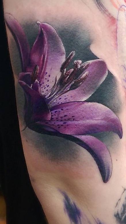 Lily Tattoo With Color, Color Lilly Tattoo, Color Lily Tattoo, Purple Lily Flower Tattoo, Purple Lillies Tattoo, Purple Lily Tattoo, Purple Flower Tattoo Designs, Lilly Tattoo Color, Coloured Lily Tattoo