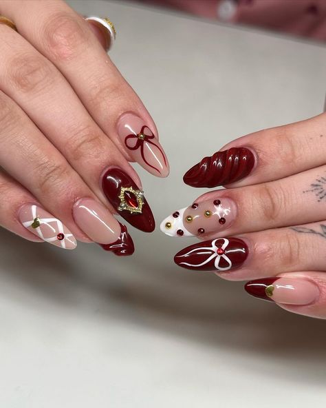 NAILEE.PH 🇵🇭 | red, gold, and white details ⋆𐙚₊˚⊹♡ ✨ long almond 💅🏻 @clawphoria.nailstudio | Instagram Red White And Gold Nail Designs, Red White And Gold Nails, Red Nails Acrylic Almond, Red And Gold Nail Designs, Concert Nails, Red And Gold Nails, Long Almond, Gold Nail Designs, Oxblood Red