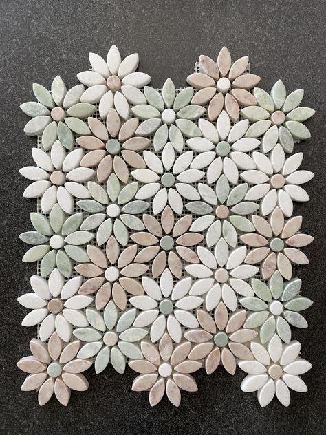 0-7 Flower Tile Backsplash Kitchen, Flower Backsplash Kitchen, Redo Floors, Floral Tile Bathroom, Flower Tile Backsplash, Flower Mosaic Tile, Mosaic Tile Bathroom Floor, Floral Mosaic Tile, Cottage Layout