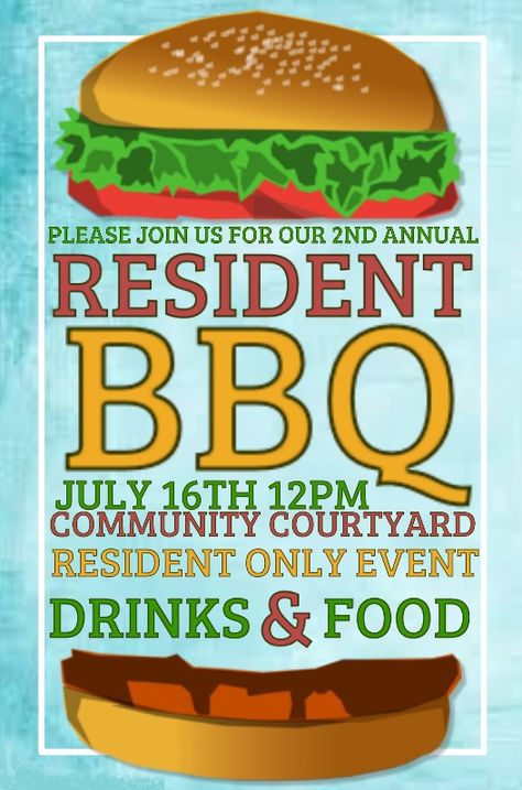 It's Resident Appreciation Month! In honor of the celebration, we invite all Wescott residents to attend our 2nd Annual Resident BBQ this weekend! The event will be held in our community courtyard on Sat. July 12th from 12pm to 2pm. Burgers, hot dogs, chicken, refreshments and more will be served by the Westchester Picnic Company. Please remember this is a resident only event. We can't wait to see you there! Resident Appreciation Ideas Apartments, Community Courtyard, College Event Ideas, Resident Events Ideas Apartments, Work Event Ideas, Resident Appreciation, Property Management Marketing, Neighborhood Activities, Apartment Party