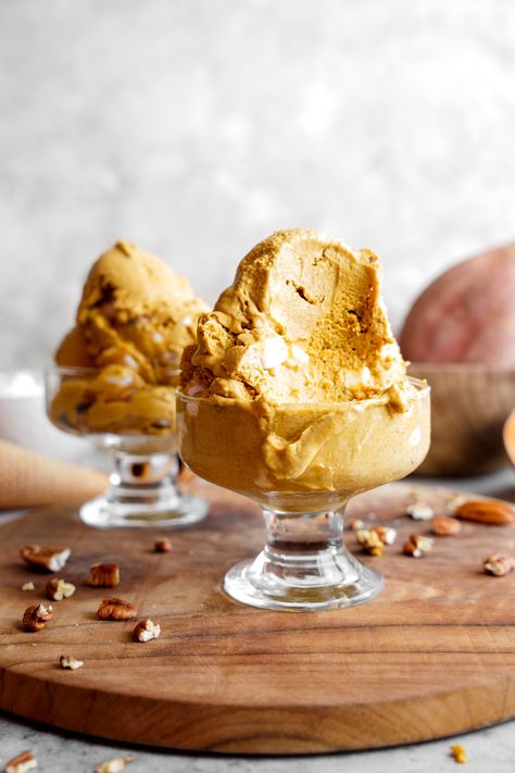 Sweet Potato Ice Cream Recipe, Mcas Recipes, Fall Ice Cream Flavors, Weird Ice Cream Flavors, Sweet Potato Ice Cream, Vegan Puddings, Potato Ice Cream, Vegan Fall Dessert, Fine Desserts