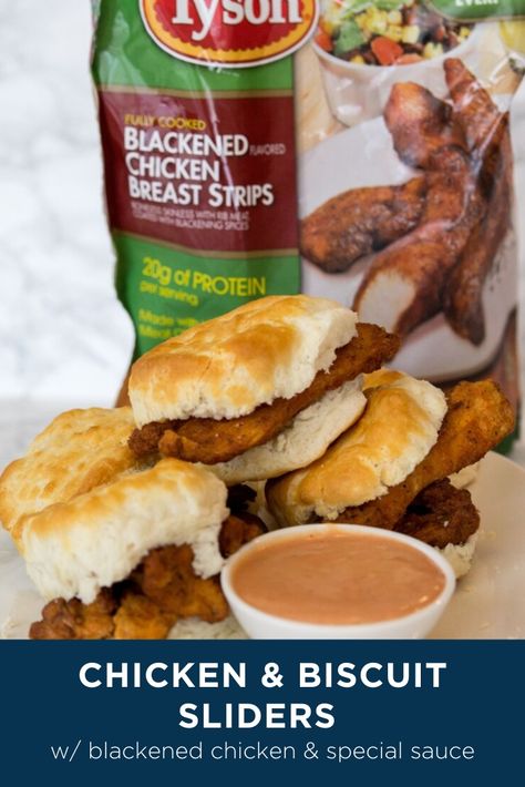 #AD Need a quick dinner for school nights? Stock up on frozen Tyson® Blackened Chicken Breast Strips and frozen biscuits to make an easy meal. And don't forget the special sauce & pickle! Get the recipe for our favorite special sauce. And a coupon for HEB #Tysonblackenedchickenstrip Tyson Grilled And Ready Chicken Recipes, Tyson Blackened Chicken Strips Recipes, Biscuit Sliders, Blackened Chicken Recipe, Chicken Biscuit, Quick Meals To Make, Chicken Strip Recipes, Frozen Biscuits, Ww Breakfast