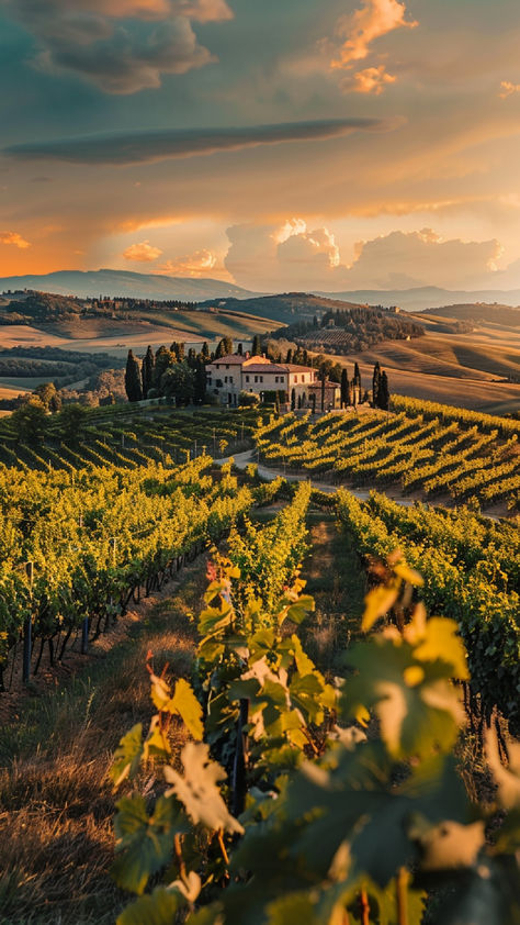 A stunning vineyard landscape at sunset, with rows of grapevines leading to a charming farmhouse, surrounded by rolling hills under a dramatic sky. Burgundy France Vineyards, Horse Riding Photography, Kitchen Frames, Vineyard Photography, Dream Building, Autumn Core, Innocent Eyes, Jordan Bulls, Wine Vineyards