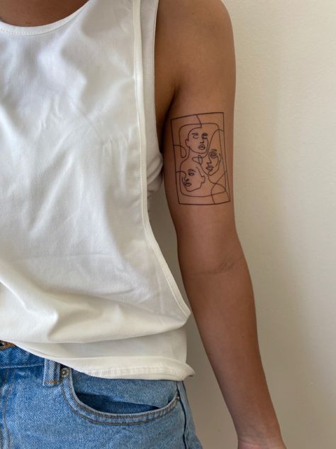 Front Of Upper Arm Tattoo, Square Arm Tattoo, Tattoos In Frames, Tattoo Square Frame, Horizontal Line Tattoo, Square Frame Tattoo, Art Frame Tattoo, Three Faces Tattoo, Square Tattoo Frame