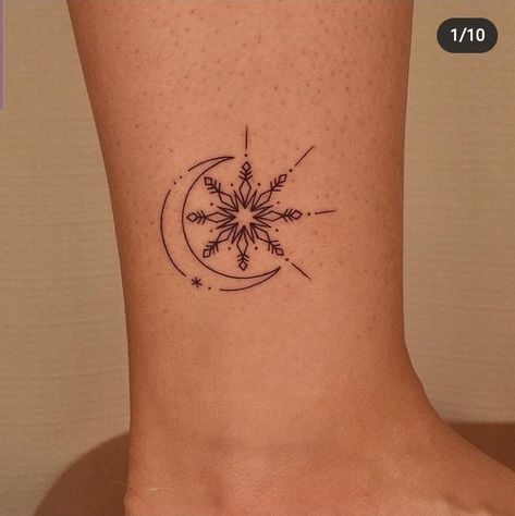 Snowflake And Moon Tattoo, Snowflake Moon Tattoo, Snow And Moon Tattoo, Sun And Snowflake Tattoo, Winter Solstice Tattoo, Winter Tattoo Flash, Snow Tattoo Ideas, Winter Tattoo Ideas, Matchy Tattoos