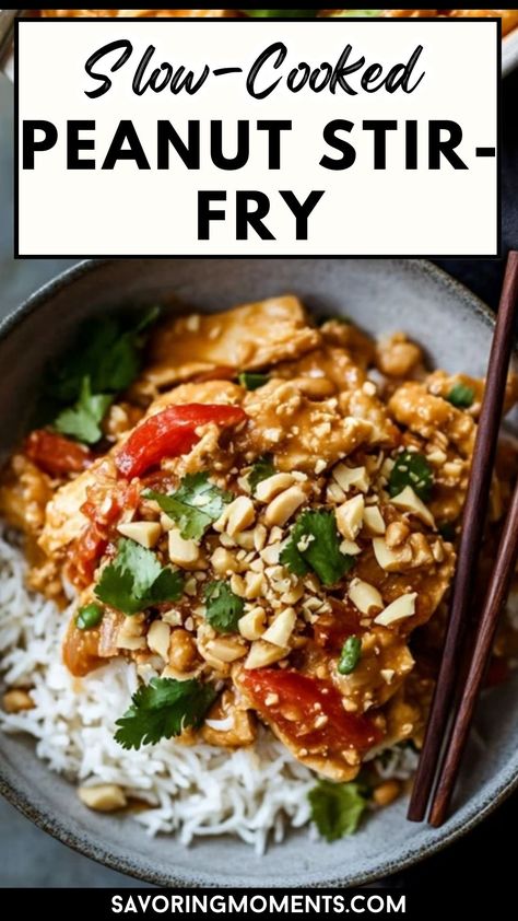 Love peanut sauce? This slow-cooked peanut stir-fry is drenched in creamy, savory goodness. With your favorite veggies and proteins, this dish transforms simple ingredients into an irresistible dinner made easy in the slow cooker.

#SlowCookedMeals #PeanutSauceMagic #ComfortInABowl #HealthyAndDelicious #DinnerIdeas #CreamyPeanutFlavors #SimpleMealSolutions Peanut Sauce Stir Fry, Peanut Stir Fry, Thai Chicken Stir Fry, Creamy Peas, Slow Cooked Meals, Chicken Stir Fry, Chinese Dishes, Cooking Prep, Peanut Sauce