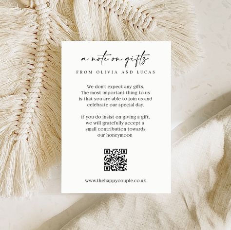 Monetary Gift Wording Wedding, A Note On Gifts, Honeymoon Fund Wording, Christian Wedding Invitation Wording, Note On Gifts, Christian Wedding Invitations, Wedding Qr Code, Wedding Invitation Inserts, Honeymoon Registry