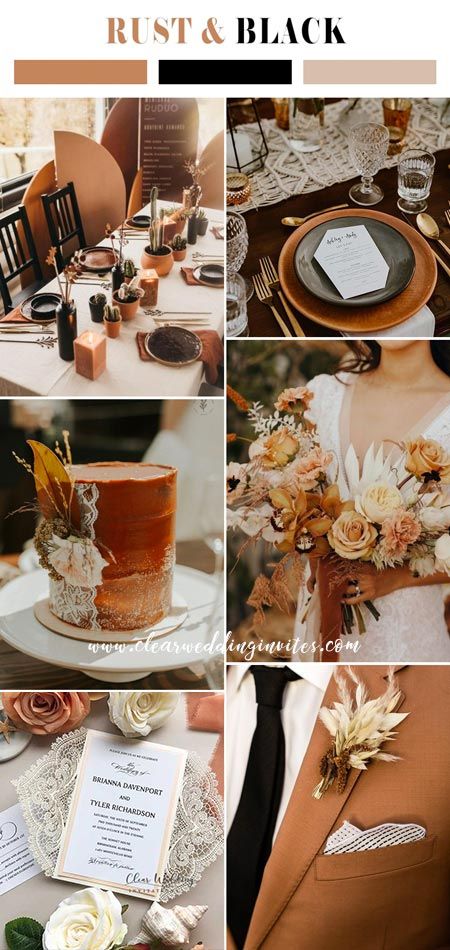 7 Gorgeous Color Palettes for 2022 Winter Wedding – Clear Wedding Invites Terracotta And Black Wedding Decor, Black And Amber Wedding, Amber Wedding Color Palette, Black And Terracotta Wedding, Black And Rust Wedding, Winter Wedding Rustic, Winter Wedding Decor, Wedding Mad Libs, Winter Wedding Color Palette